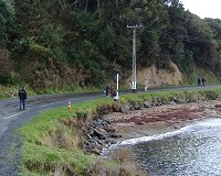 The Mataura Kilties Pipe Band - one the way to the gig at the South Seas Hotel Stewart Island 